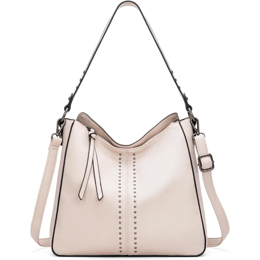 Elegant NUDE Hobo Handbag with Metal Studs - Versatile Crossbody & Shoulder Bag